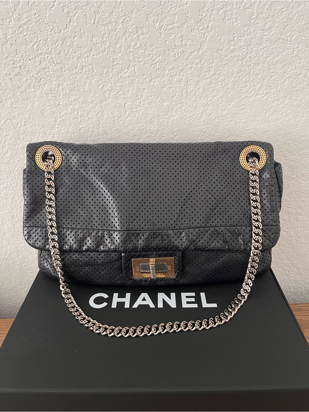 Chanel Black Perforated Classic Flap Gold Silver